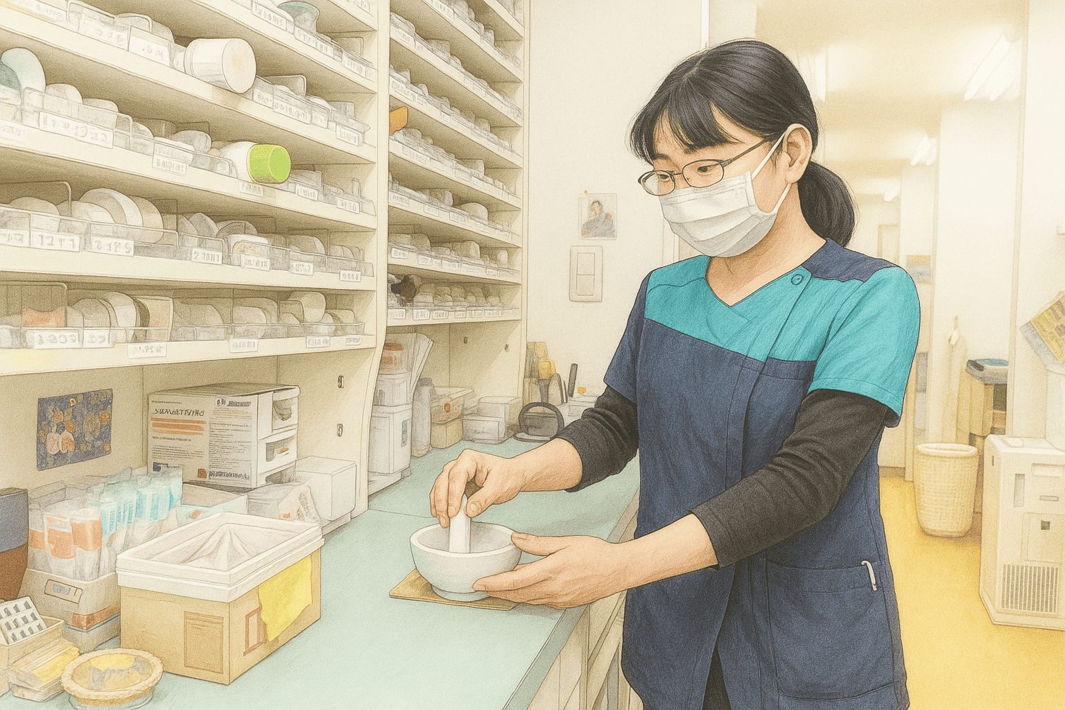 乳棒と乳鉢で調剤をおこなう看護サブリーダー（愛玩動物看護師）の金子さん似顔絵
