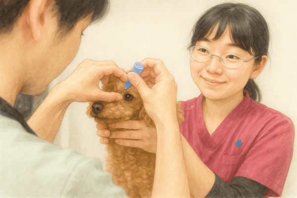 保定の技術を磨いている看護サブリーダー（愛玩動物看護師）の金子さん似顔絵