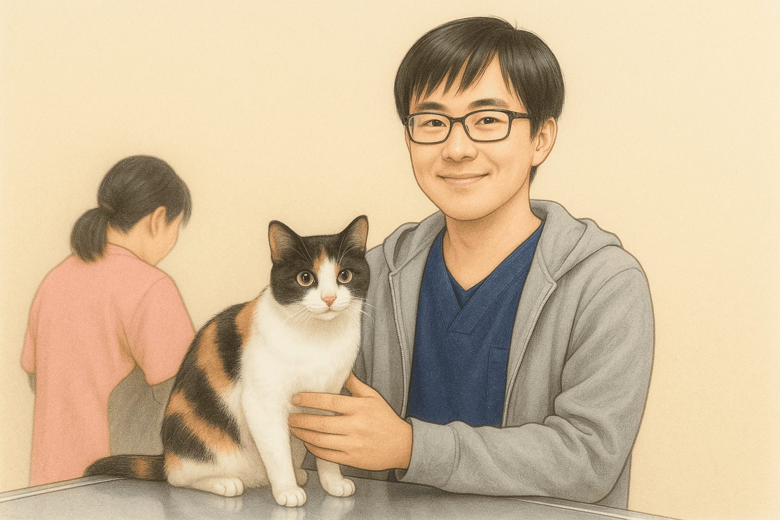 頼りがいのある笑顔の大石看護リーダーと猫の似顔絵