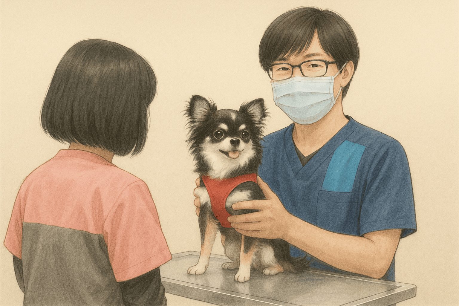 職場のスタッフと協力しながらチームワークを感じて働く大石看護リーダーの似顔絵